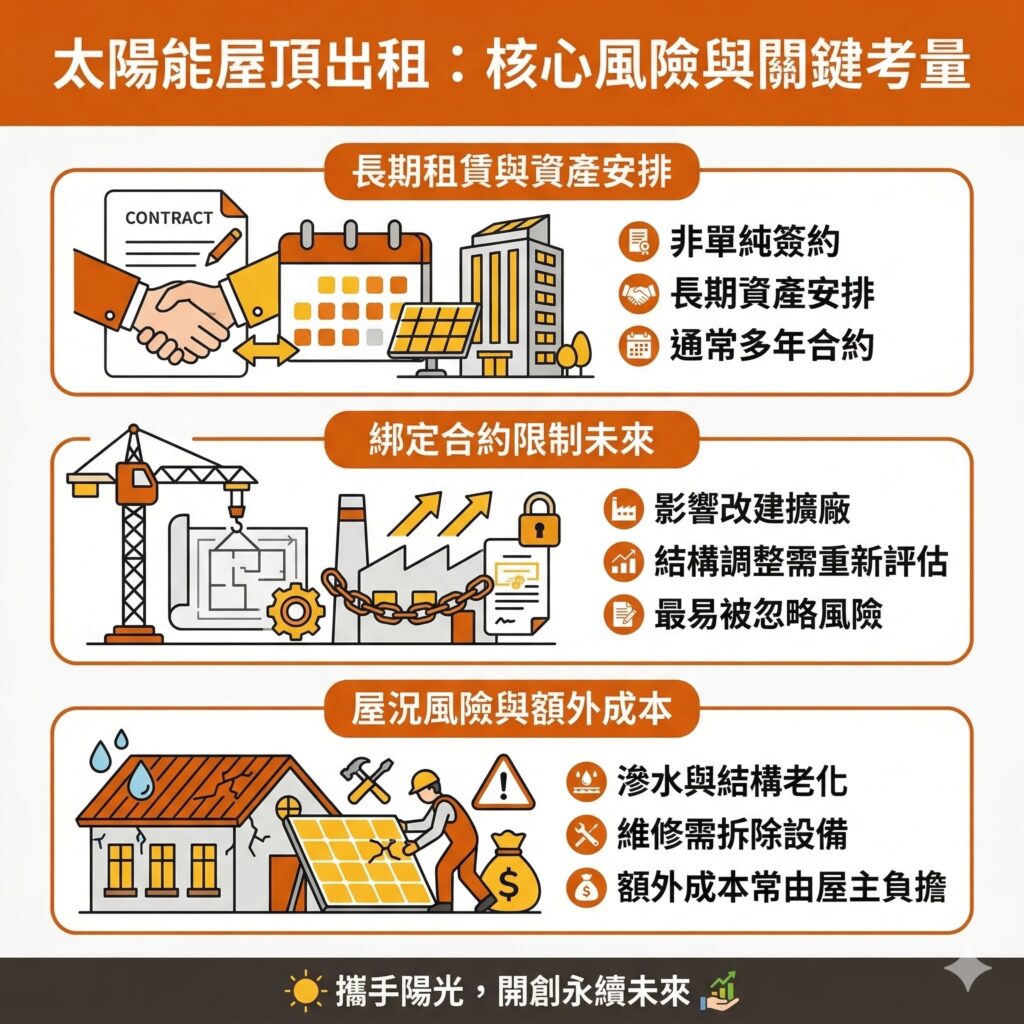 太陽能專家提醒,由於太陽能屋頂出租大部分都是至少15-20年,所以需要長遠決策規劃