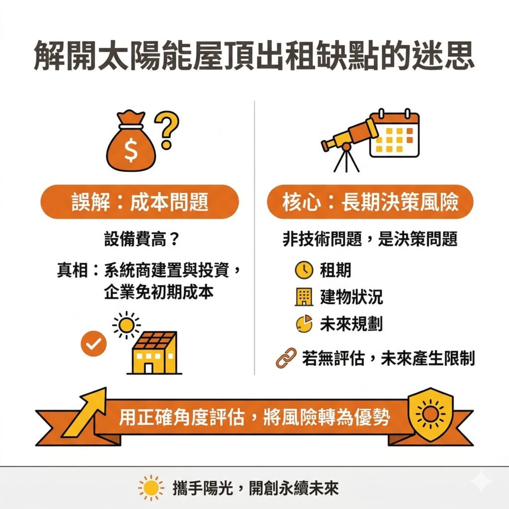 太陽能專家提醒,很多企業會以為太陽能屋頂出租的缺點主要是成本太高,但其實是來自於長期合約決策上可能會有風險