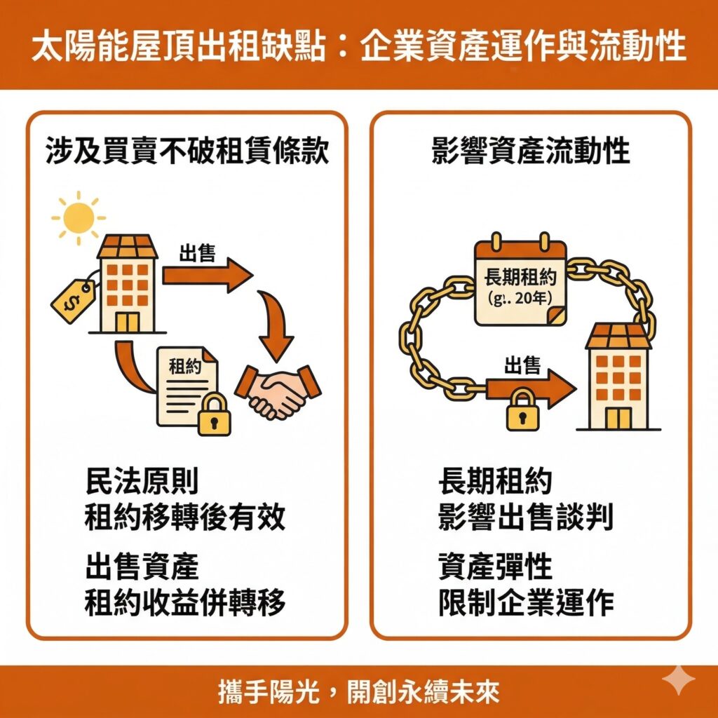 太陽能專家提醒,太陽能屋頂出租後,可能會影響企業在資產轉移上的彈性