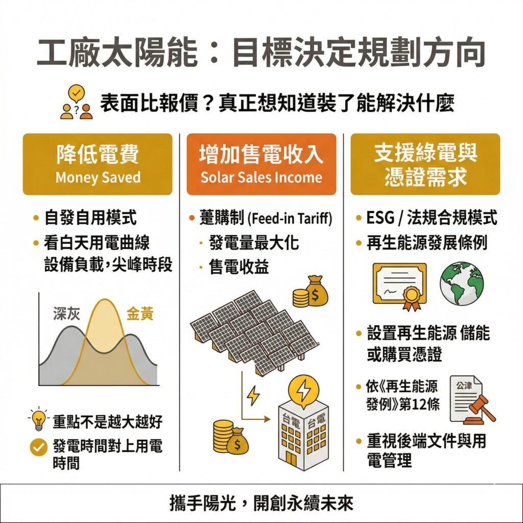太陽能專家提醒,工廠在投入太陽能發電時,應先思考自己的目標是什麼