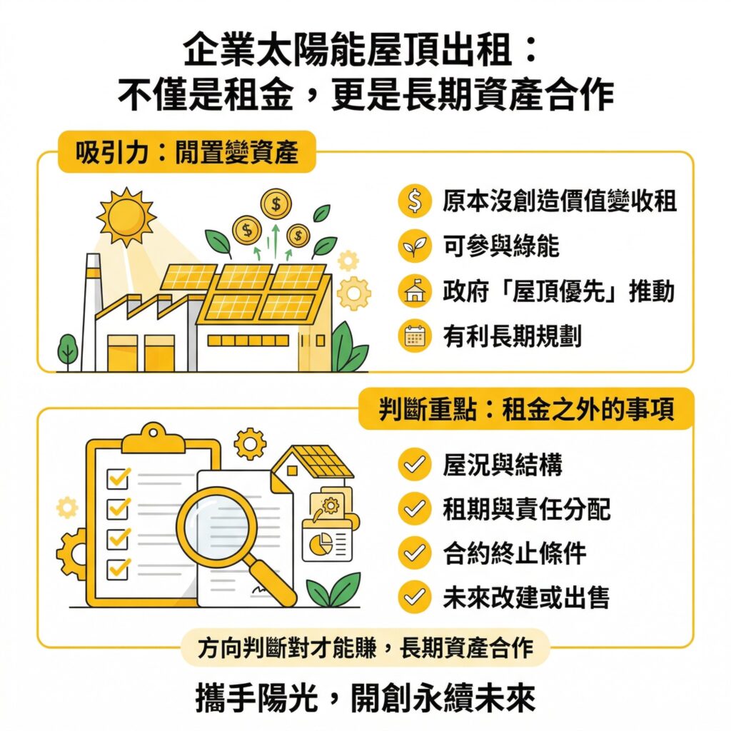 太陽能專家提醒，太陽能屋頂出租重點不是租金多少，而是是否能納入未來長期資產規劃