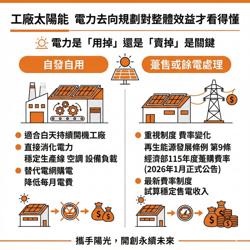 工廠太陽能發電後可以選擇自用或是依制度躉購，工廠在投入前可以先找像是太陽能專家這樣的專業團隊評估