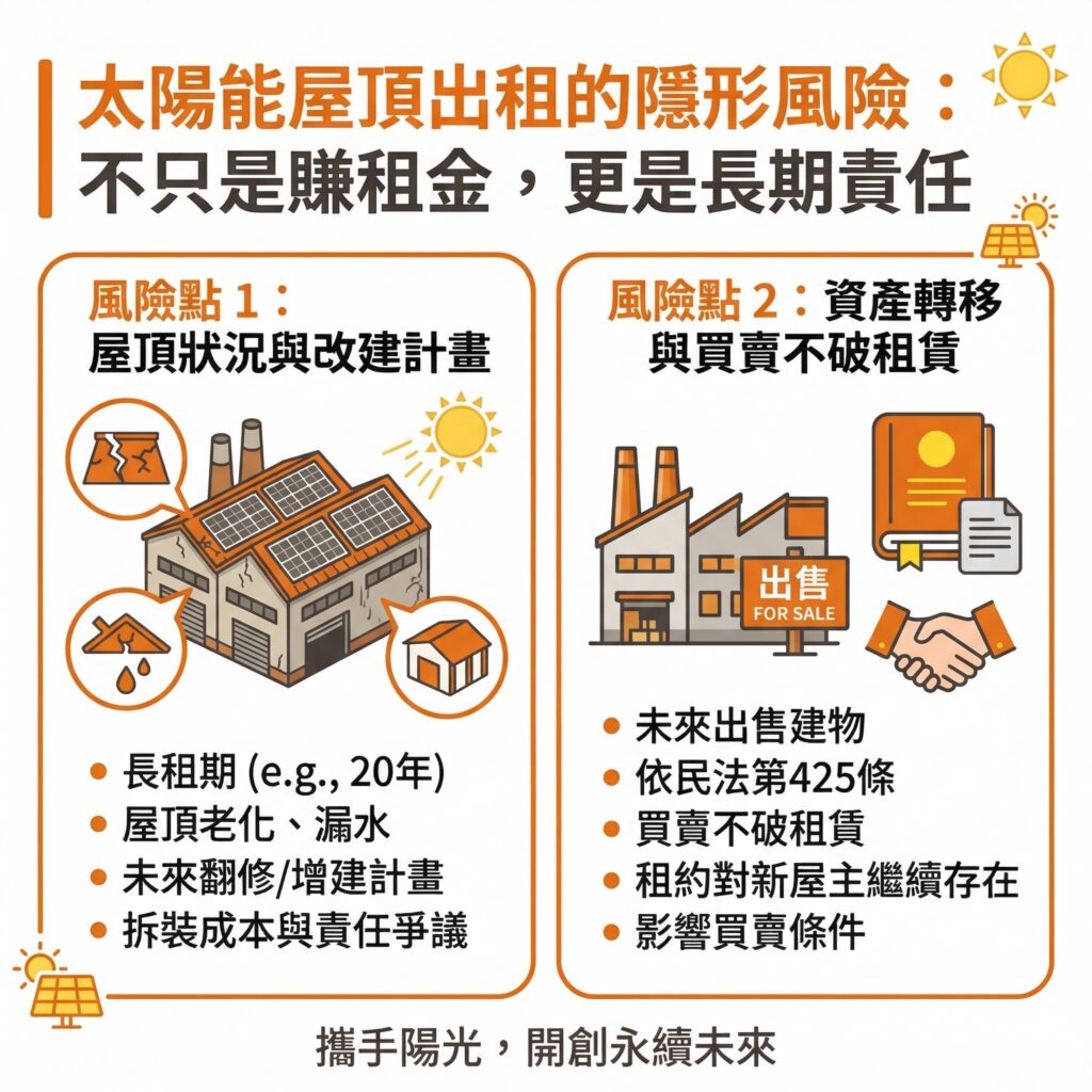 太陽能專家提醒，企業在考慮是否出租屋頂架太陽能時，一定要考慮到未來是否有資產轉移或是改建的規劃