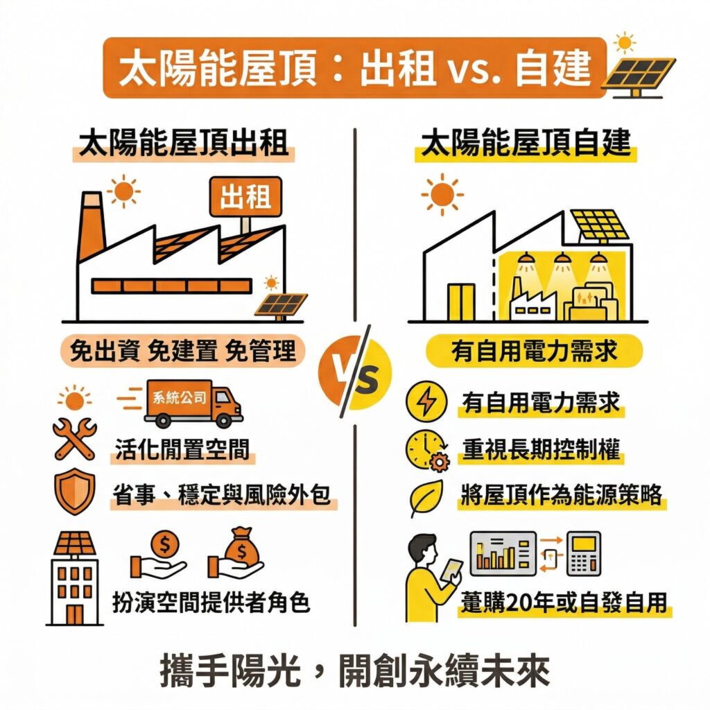 太陽能屋頂出租與自建屋頂太陽能發電各有優劣，企業在評估時可先找太陽能專家諮詢