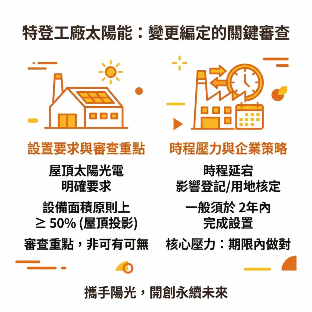 太陽能專家提醒,特登工廠太陽能除了有法規限制,還要符合時程審查條件,企業在處理前,可以先找太陽能專家諮詢