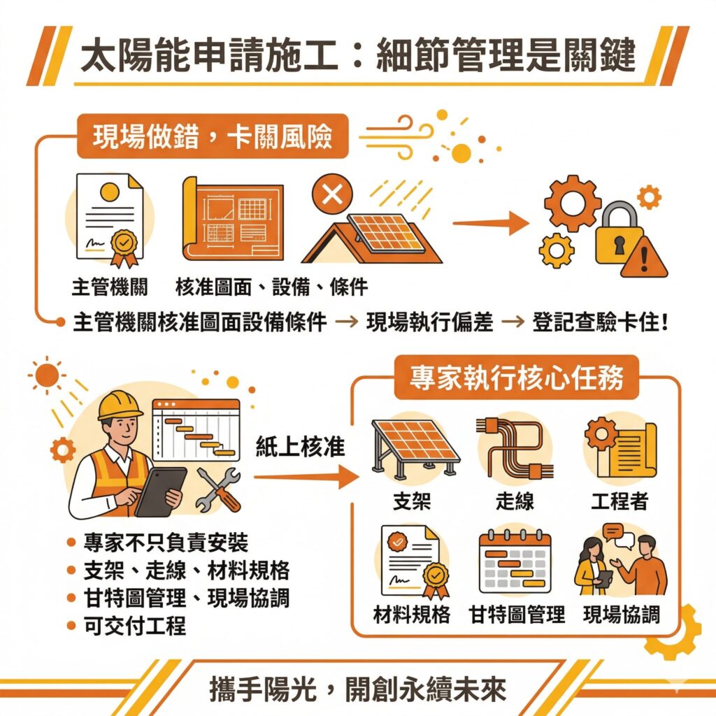 太陽能專家能負責施工時所有細節處理，不用怕主管機關查核時不符圖面設計