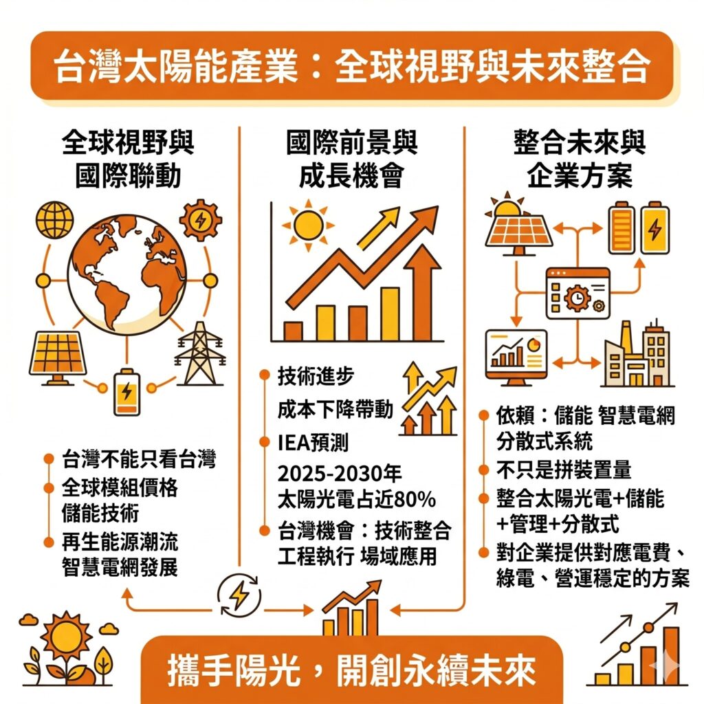 太陽能專家提醒，台灣企業在評估太陽能時，不能只考慮台灣的現況，還要考慮國際可能的發展