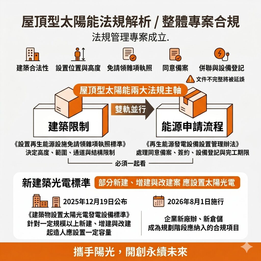 太陽能專家提醒，企業在評估太陽能時，需特別注意的法規包括《設置再生能源設施免請領雜項執照標準》、《再生能源發電設備設置管理辦法》，還有今年8月1日正式施行的《建築物設置太陽光電發電設備標準》