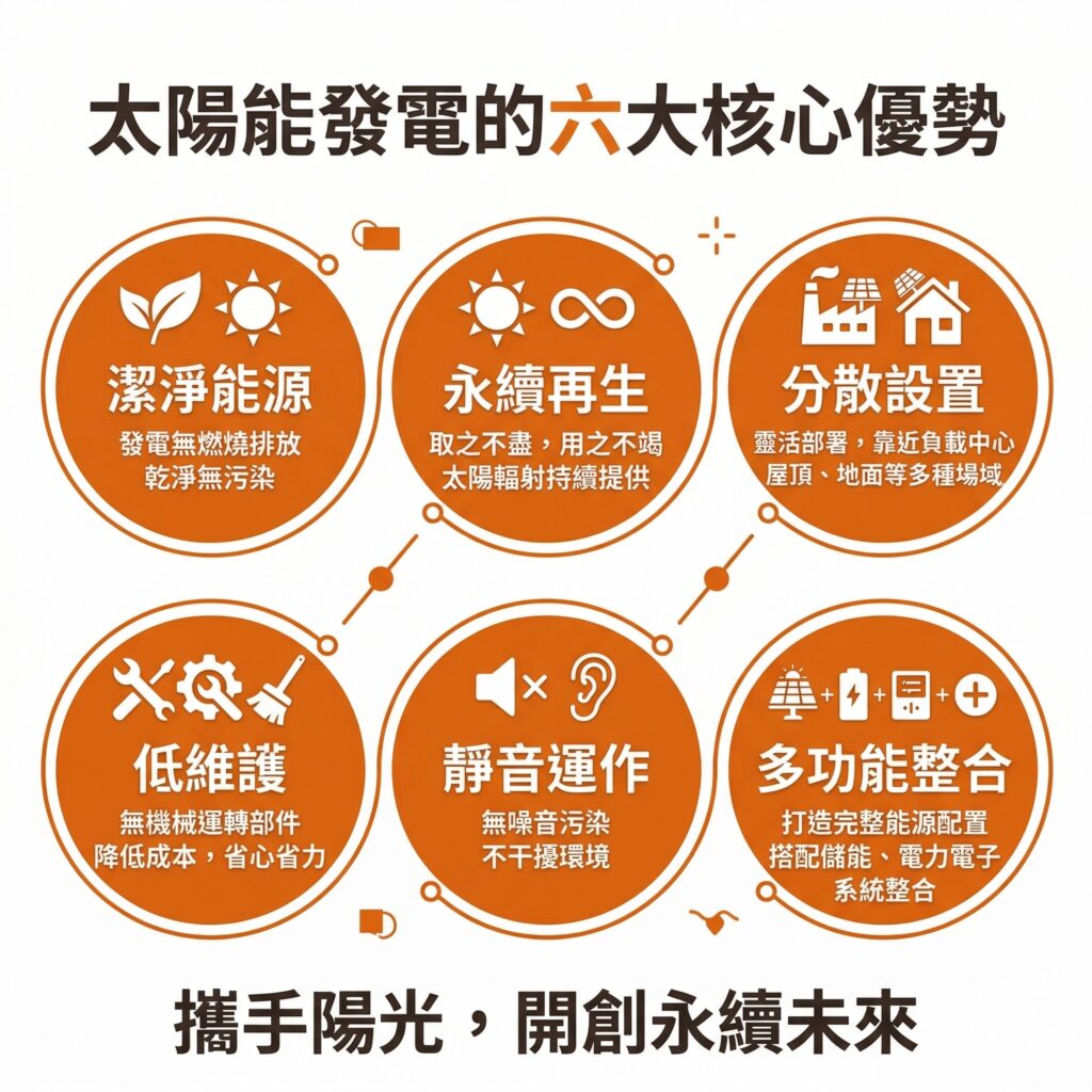 太陽能專家整理太陽能發電六大核心優勢為：潔淨、永續、分散、低維護、靜音、多功能