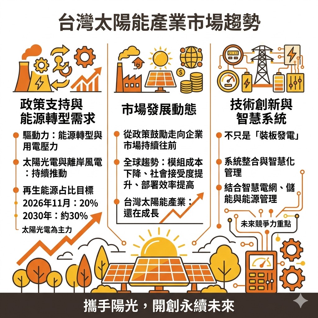 太陽能專家提醒，台灣太陽能產業還在成長，且未來會走向整合智慧電網、儲能與能源管理系統