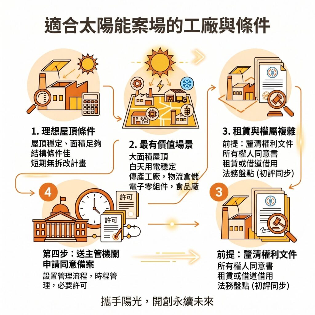 企業在評估自己是否適合賣電給台電時，可以諮詢像是太陽能專家這樣的專業團隊，並從屋頂條件、所有權、法規規定等同步進行
