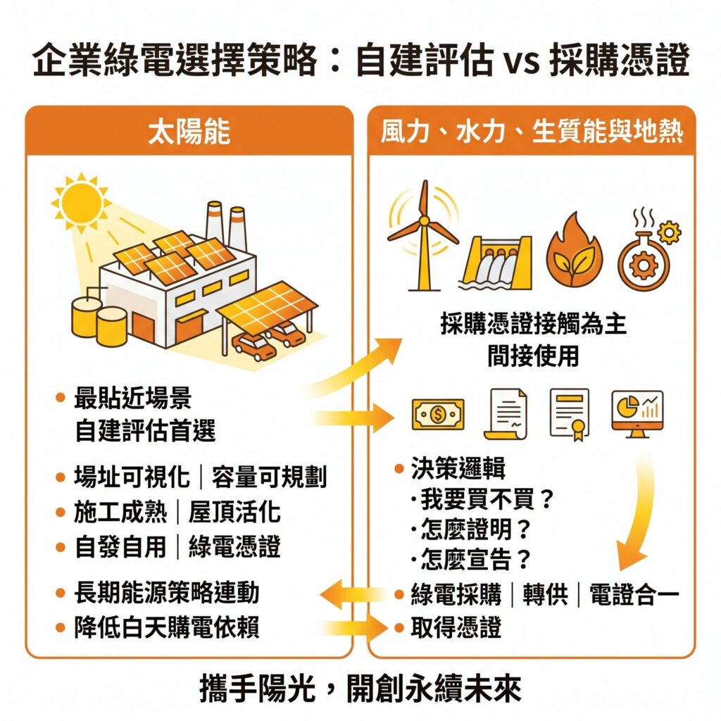 對企業來說，太陽能是相對好處理的綠電選擇，自然也成為企業在評估自建綠電時最常見的選項