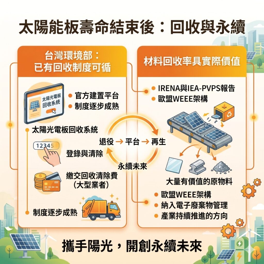 太陽能專家提醒,企業太陽能板壽命到期後,應循官方制度回收,且也可以留意目前回收後材料再利用的國際趨勢