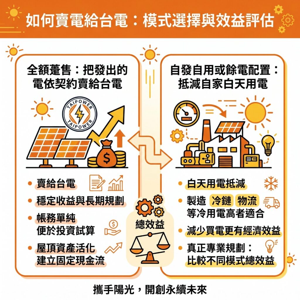 太陽能專家可以協助企業評估,太陽能發電完後,應該賣電給台電,還是自用