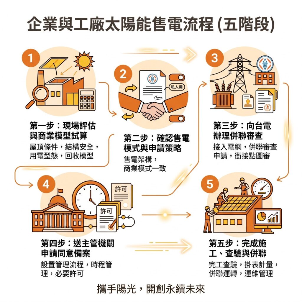 太陽能專家提醒,企業若要賣電給台電,可以遵循這五個流程