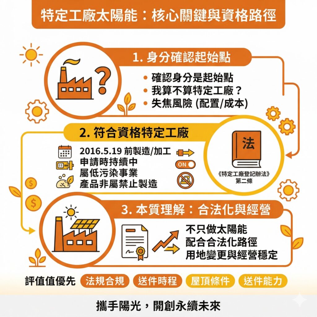 特定工廠要處理太陽能的第一步就是要先確認,是否符合特定工廠資格