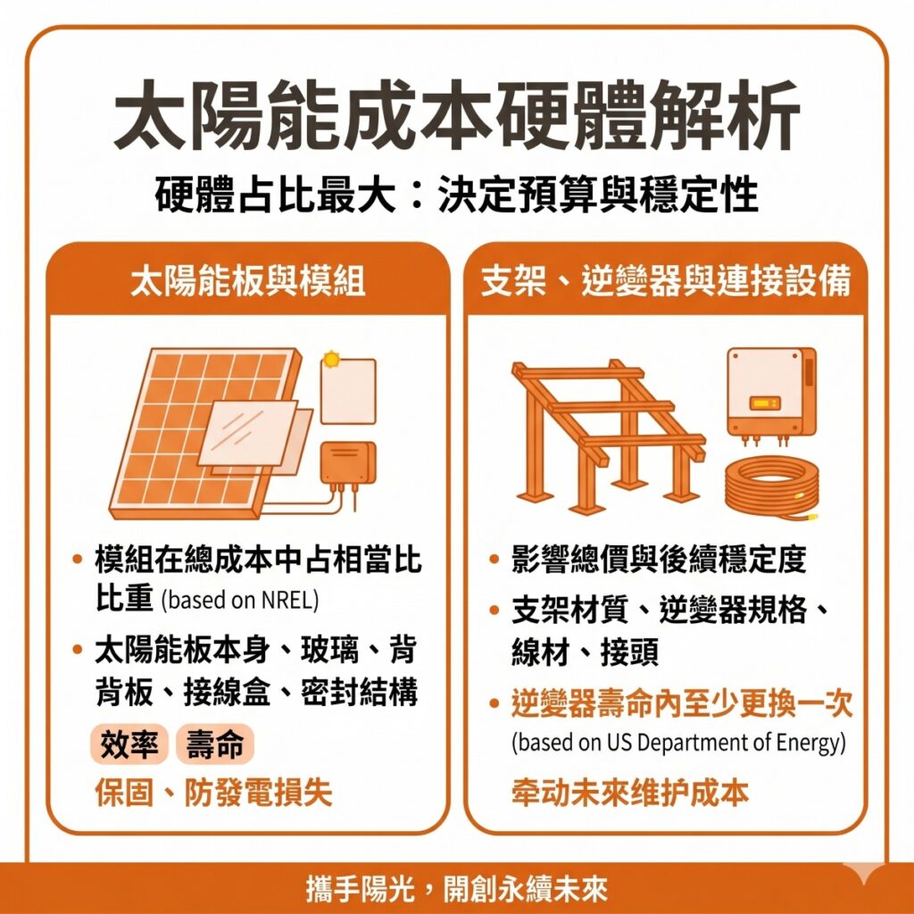 太陽能專家提醒，很多企業會覺得太陽能很貴，主要是來自硬體成本