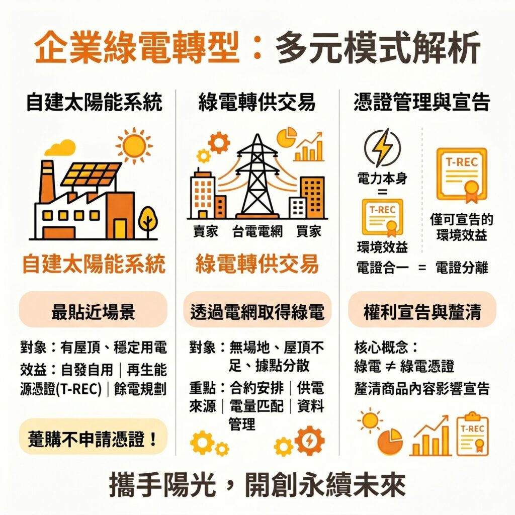企業在處理綠電需求上有多種不同方式，若有需求的企業，可以找像是太陽能專家這樣的專業團隊評估
