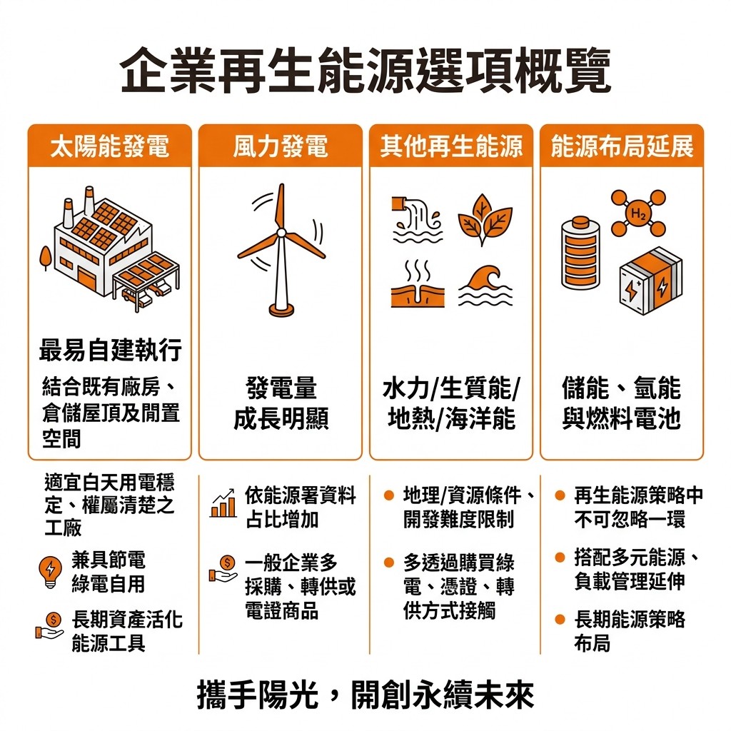 企業再生能源有多種不同選項，但太陽能專家提醒，太陽能依然是目前最成熟、企業裝設最方便的方式