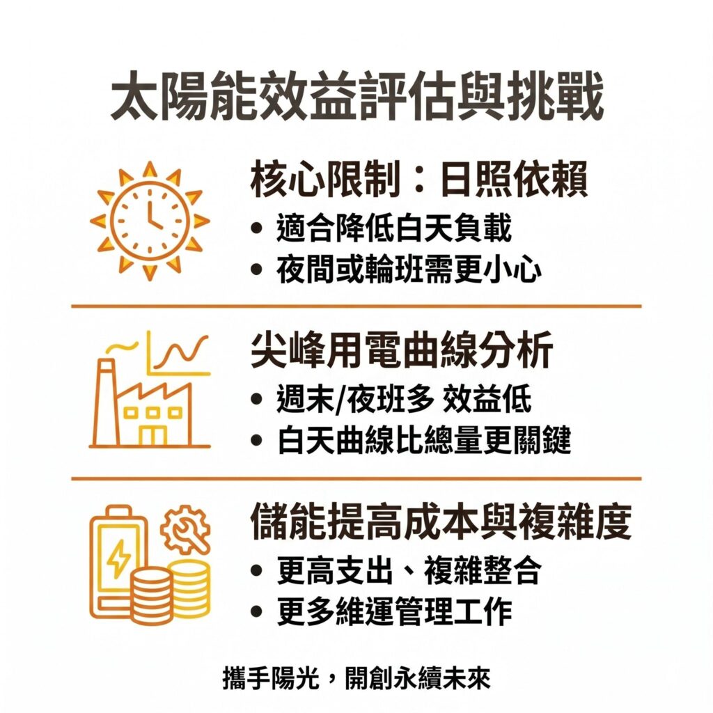 太陽能專家提醒,太陽能較適合白天用電量較高的企業,如果是夜間用電量較高的企業,要搭配儲能系統,成本會更高,須審慎評估