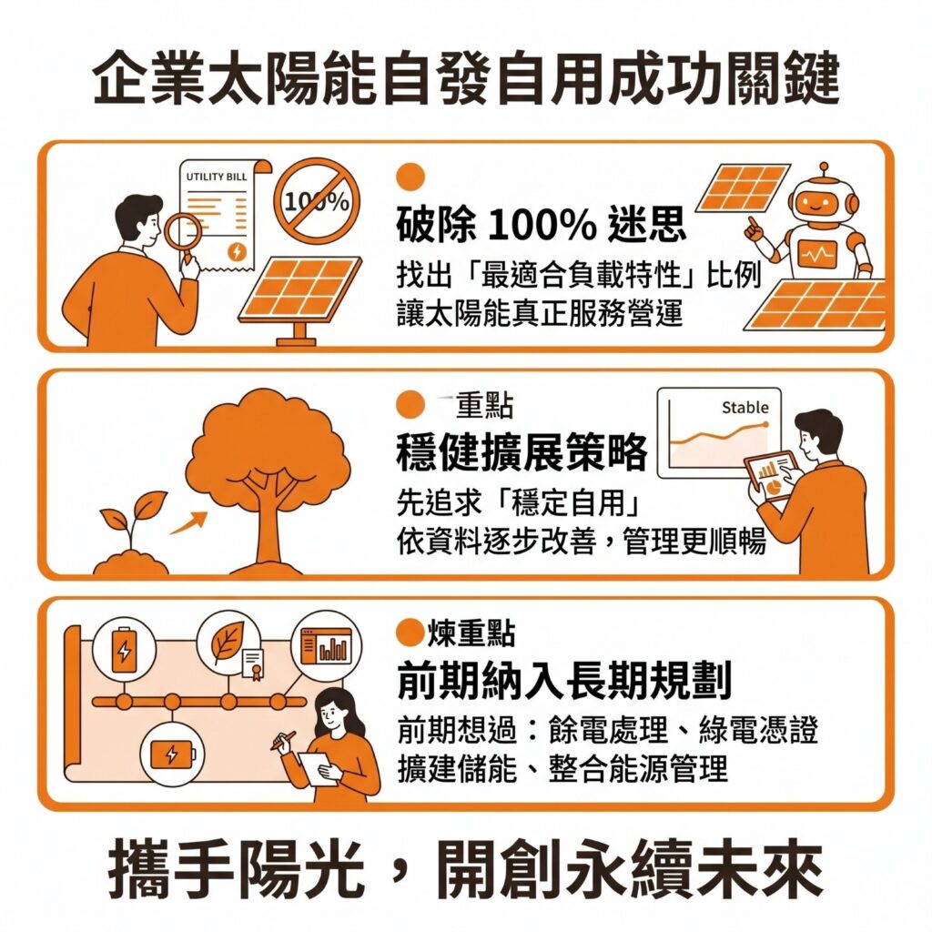 太陽能專家提醒,太陽能發電自用的重點是要先找到穩定模式,而且一定要在前期把之後可能的擴充與用途都評估過