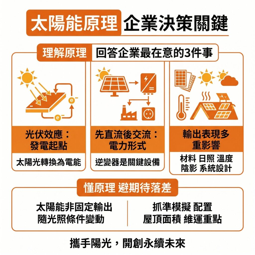 太陽能專家提醒,理解太陽能板原理,能讓企業做出更好的決策,期待跟實際也比較不容易有落差