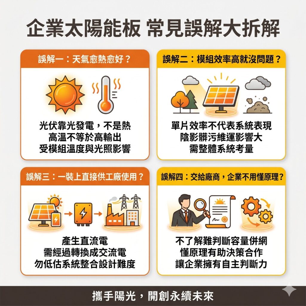 太陽能專家提醒,企業對於太陽能板原理常見有這四大誤解