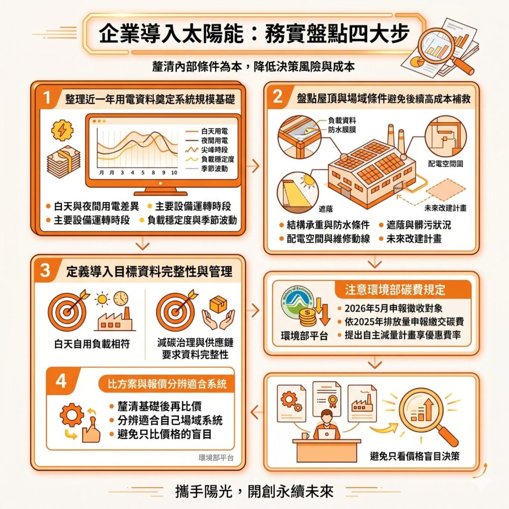 太陽能專家提醒,企業在評估是否導入太陽能發電系統時,應該依據這幾個步驟評估