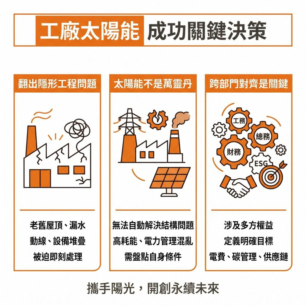 太陽能專家提醒,企業在評估是否能建太陽能的過程中,容易發現屋頂的潛在問題,另外也需要企業內部不同部門合作,才能處理好太陽能系統