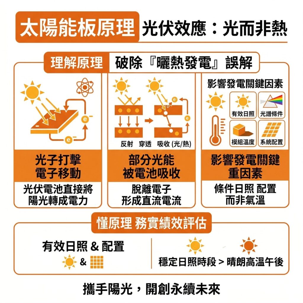 太陽能專家提醒,太陽能板原理依靠的是「光伏效應」,企業要理解太陽能是靠光發電,才能更務實評估效益