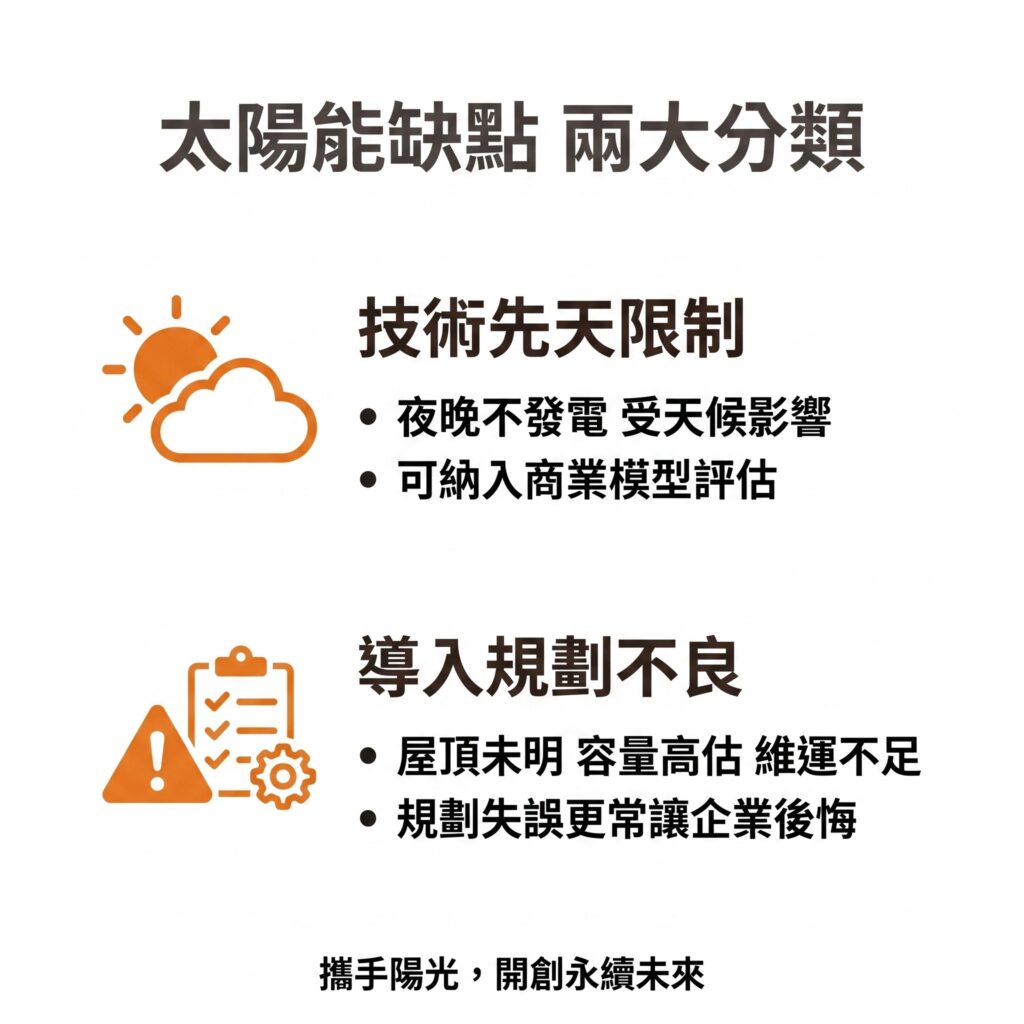 太陽能專家提醒，企業在評估時一定要確認缺點是先天限制，還是後天規劃不良