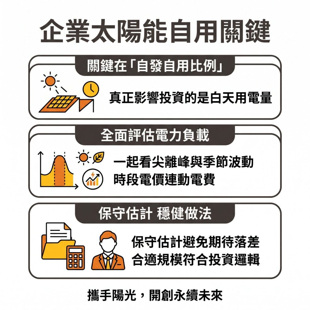 太陽能專家提醒,企業在評估太陽能發電自用時,要把離峰、半離峰、夏季、非夏季等不同時期電價一起納入評估,以免失真