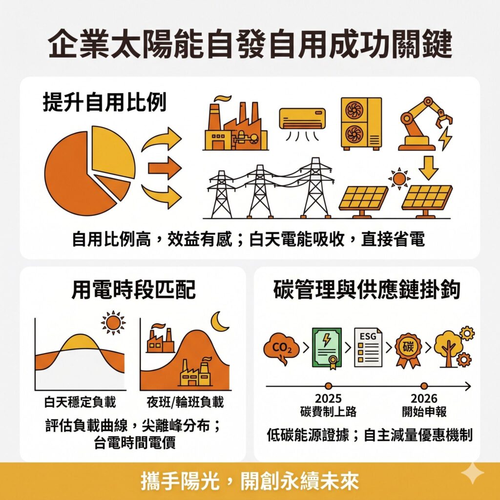太陽能專家提醒，太陽能發電自用是否能成功，取決於太陽能發電與用電曲線是否相符