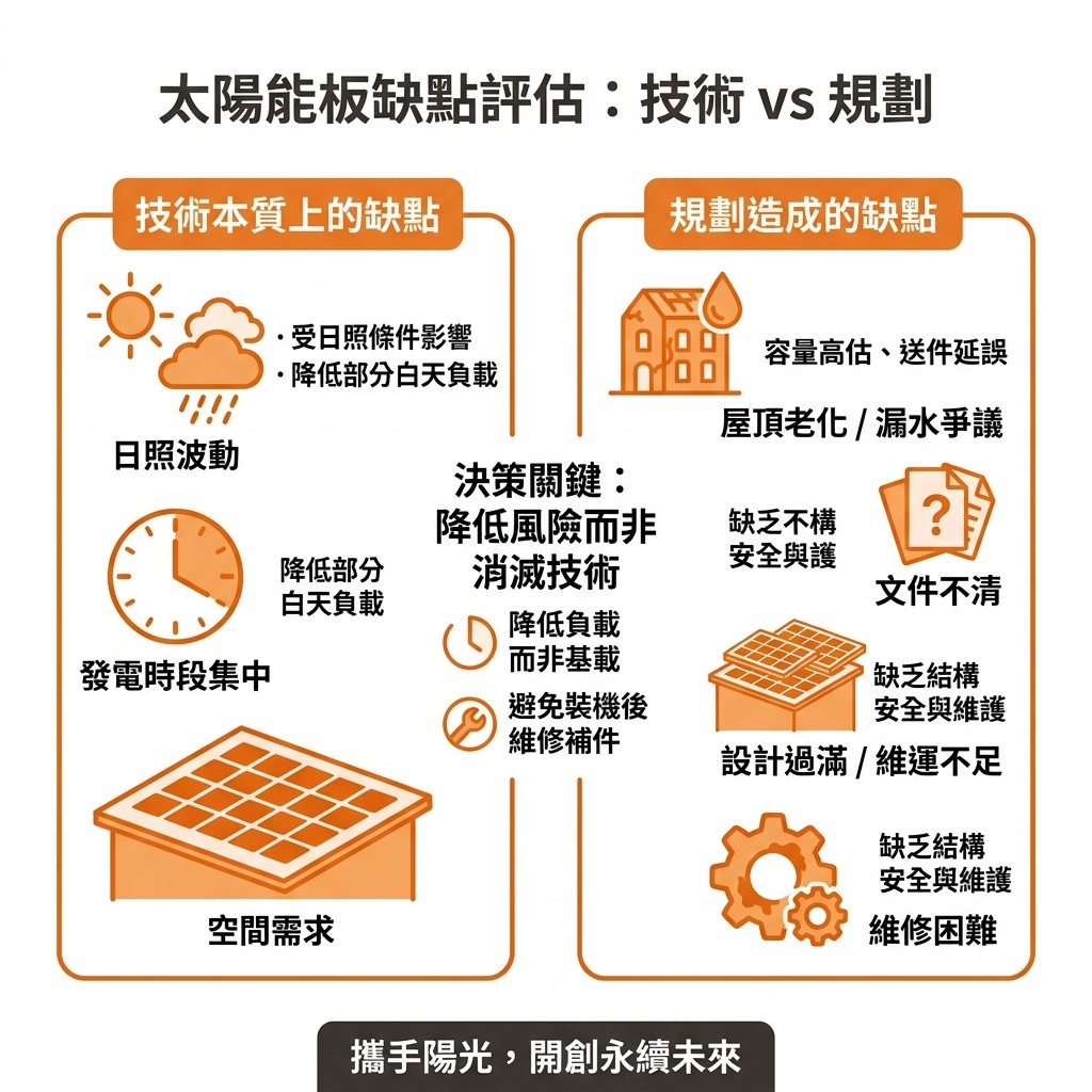 太陽能專家提醒，太陽能板缺點可以分成先天技術上的限制，還有規劃上可能造成的問題，企業在評估時可以諮詢像是太陽能專家這樣的專業團隊