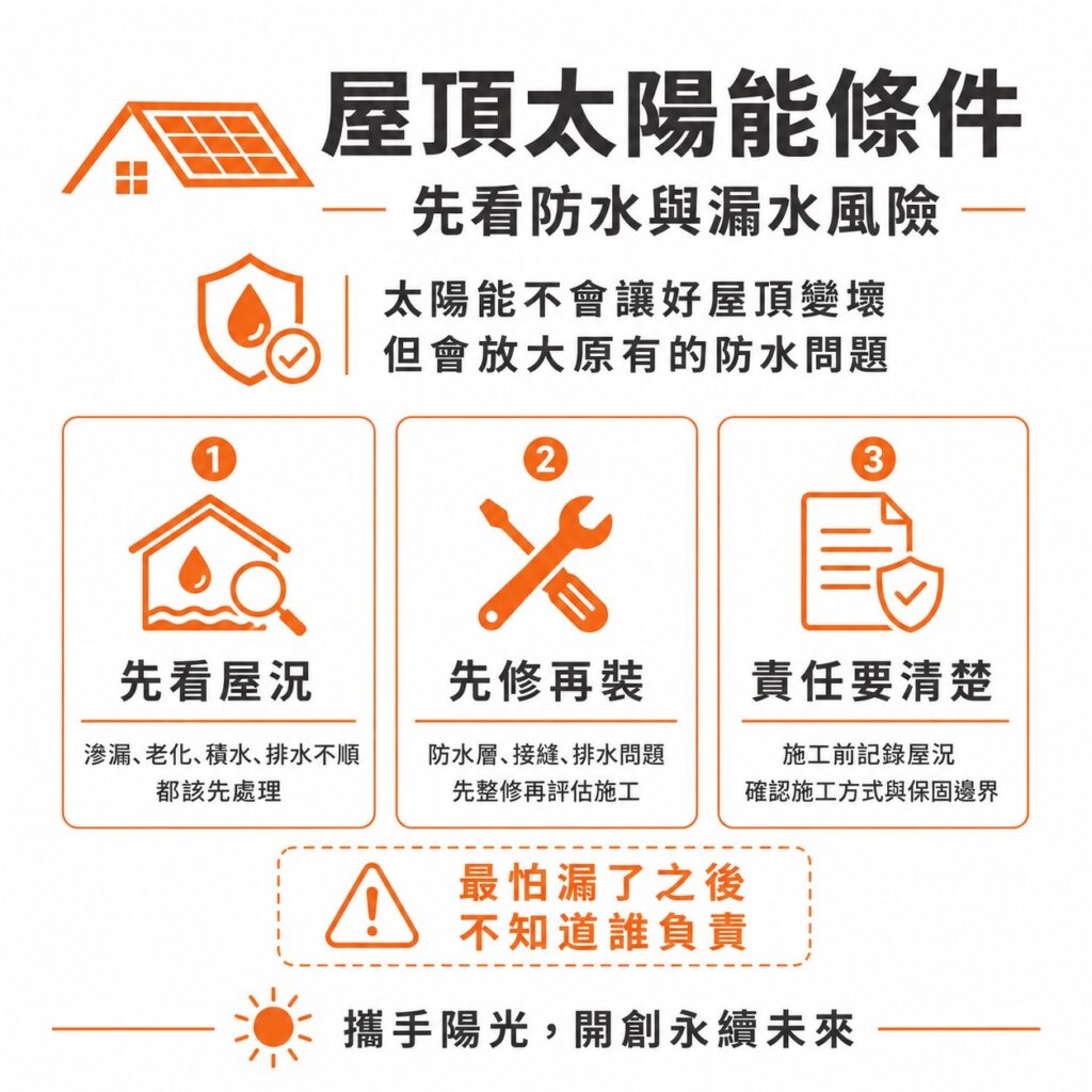 太陽能專家提醒,企業在施作屋頂太陽能前評估防水條件,除了避免屋頂出狀況,也有利於後續釐清責任歸屬