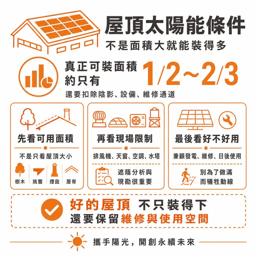 太陽能專家提醒,企業在評估可用面積時,除了要考慮整體屋頂大小,更要考慮遮蔽物,否則分析會失真