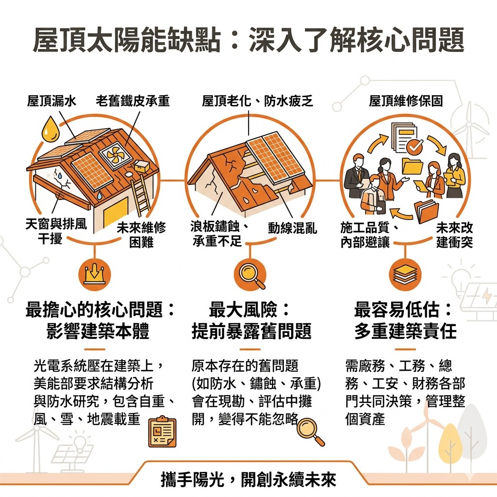 太陽能專家提醒，太陽能板很多時候是把原本就已經存在的屋頂問題，提前暴露出來