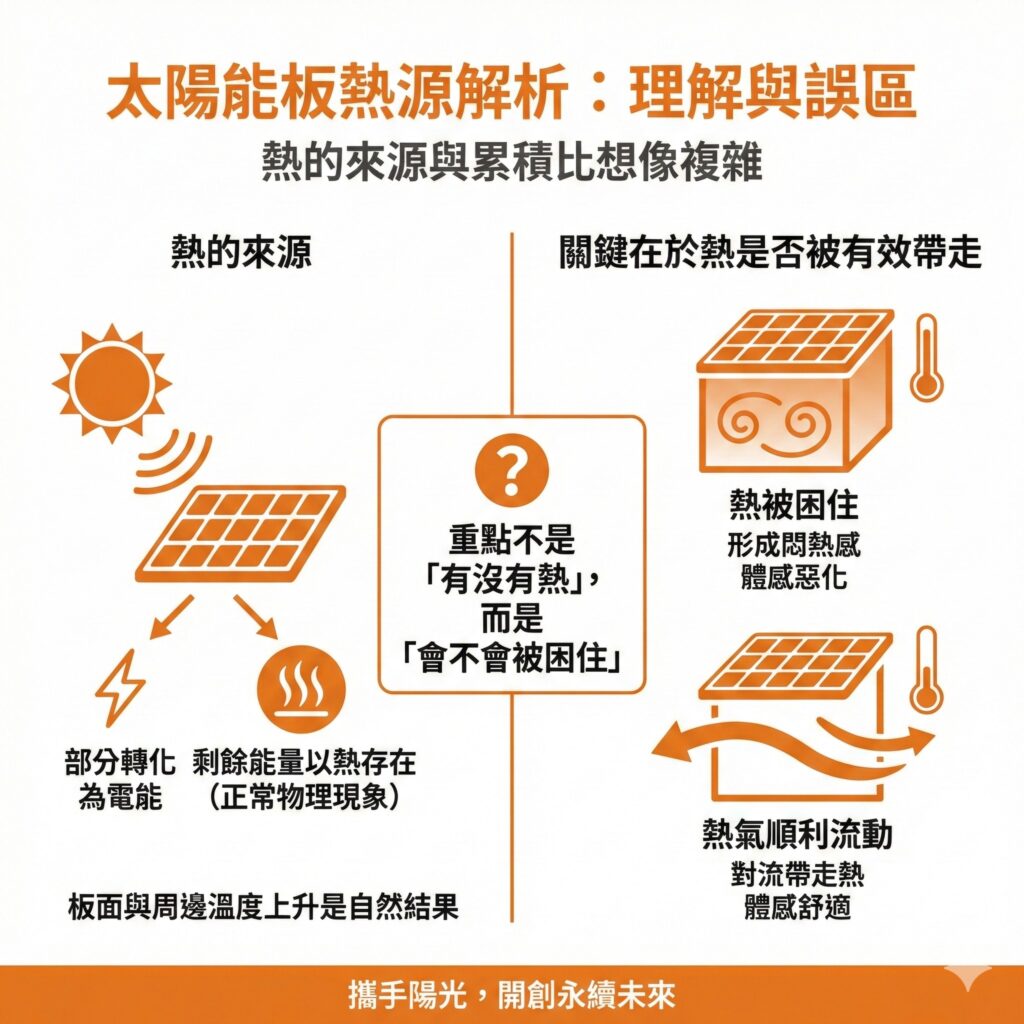 太陽能板底下感受到熱源是正常物理現象,但實際上會不會真的悶熱取決於系統設計