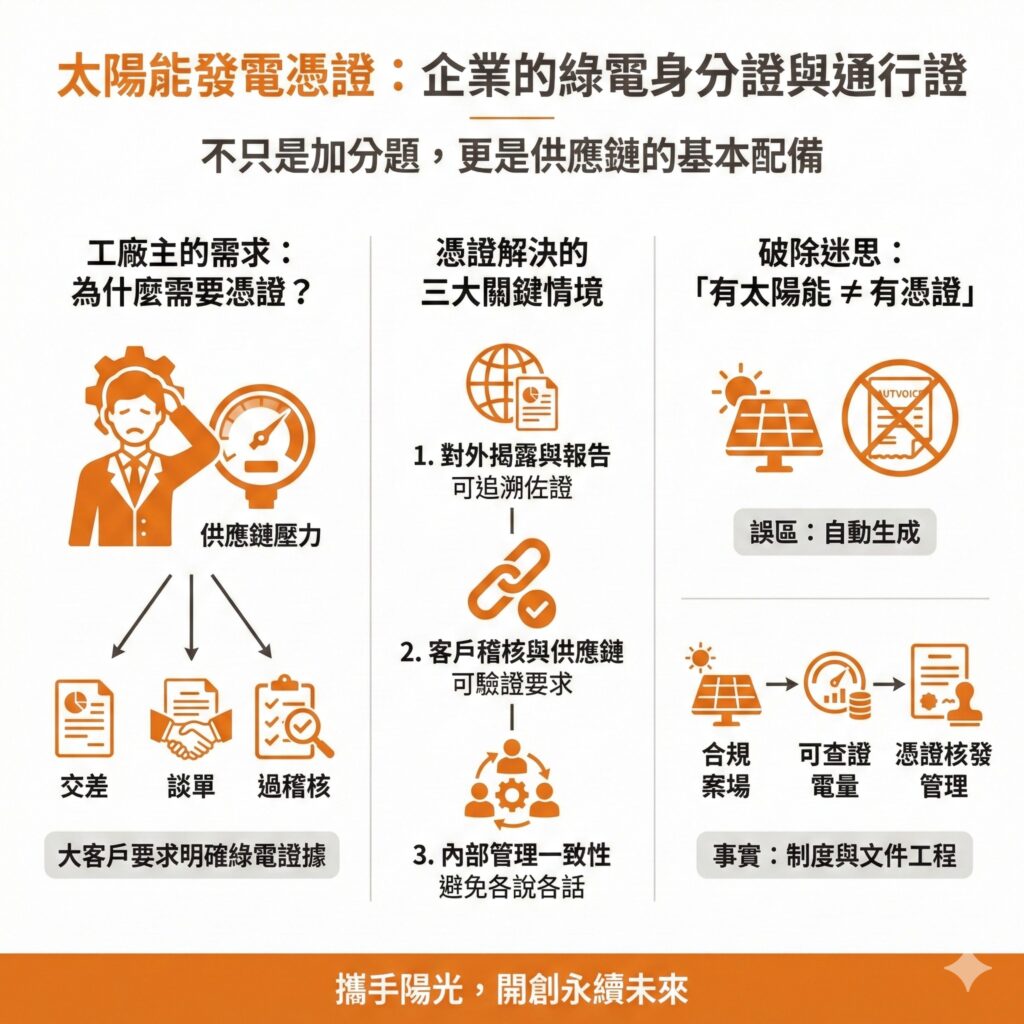現在很多國際大廠，都會要求太陽能發電憑證，這時候太陽能專家就可以協助你申請，讓你進入供應鏈