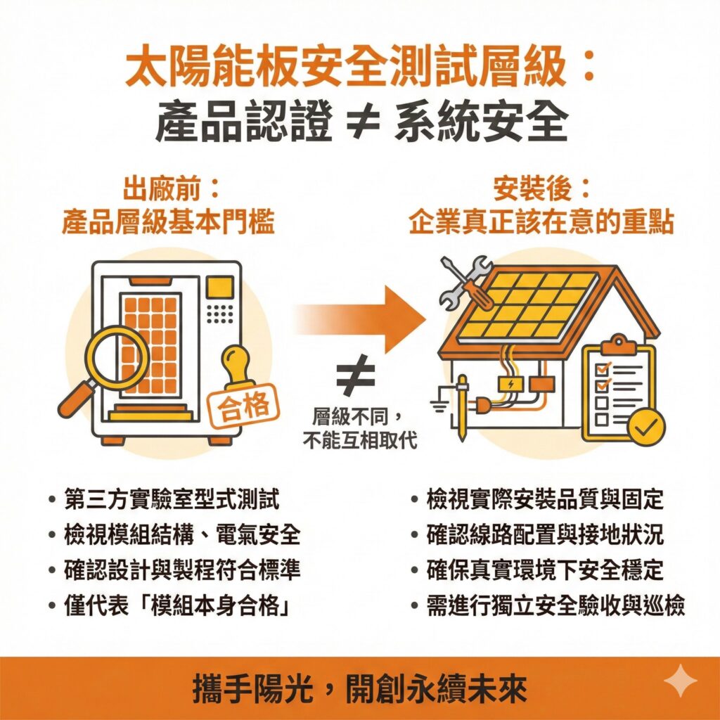太陽能板安全測試是出廠前後都會進行的,但出廠前的產品認證不代表之後系統就可以安全運行