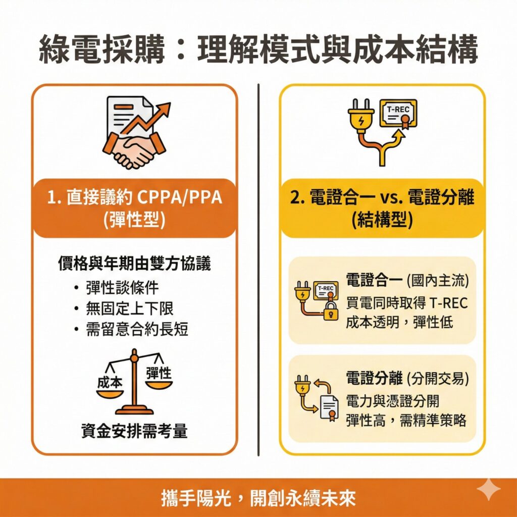 企業在購買綠電時，不同的採購方式差異也會影響價格與成本估算