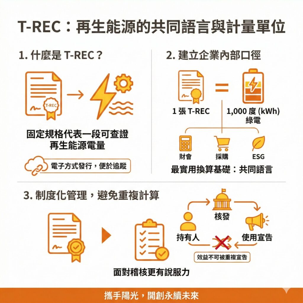 T-REC就是企業太陽能發電量的最好證明，但太陽能專家也要提醒，效益不能被重複宣告