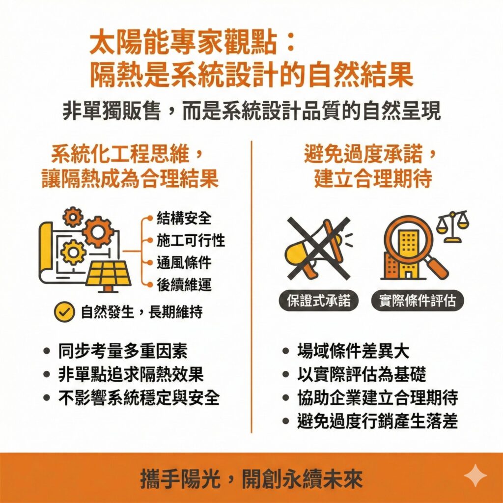 太陽能專家會以系統式角度規劃太陽能板隔熱,也不會過度行銷,會依屋頂實際條件說明效果