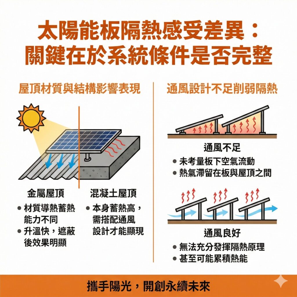 若太陽能板通風設計不足，或是屋頂本身有限制，則太陽能板隔熱的效果就會降低