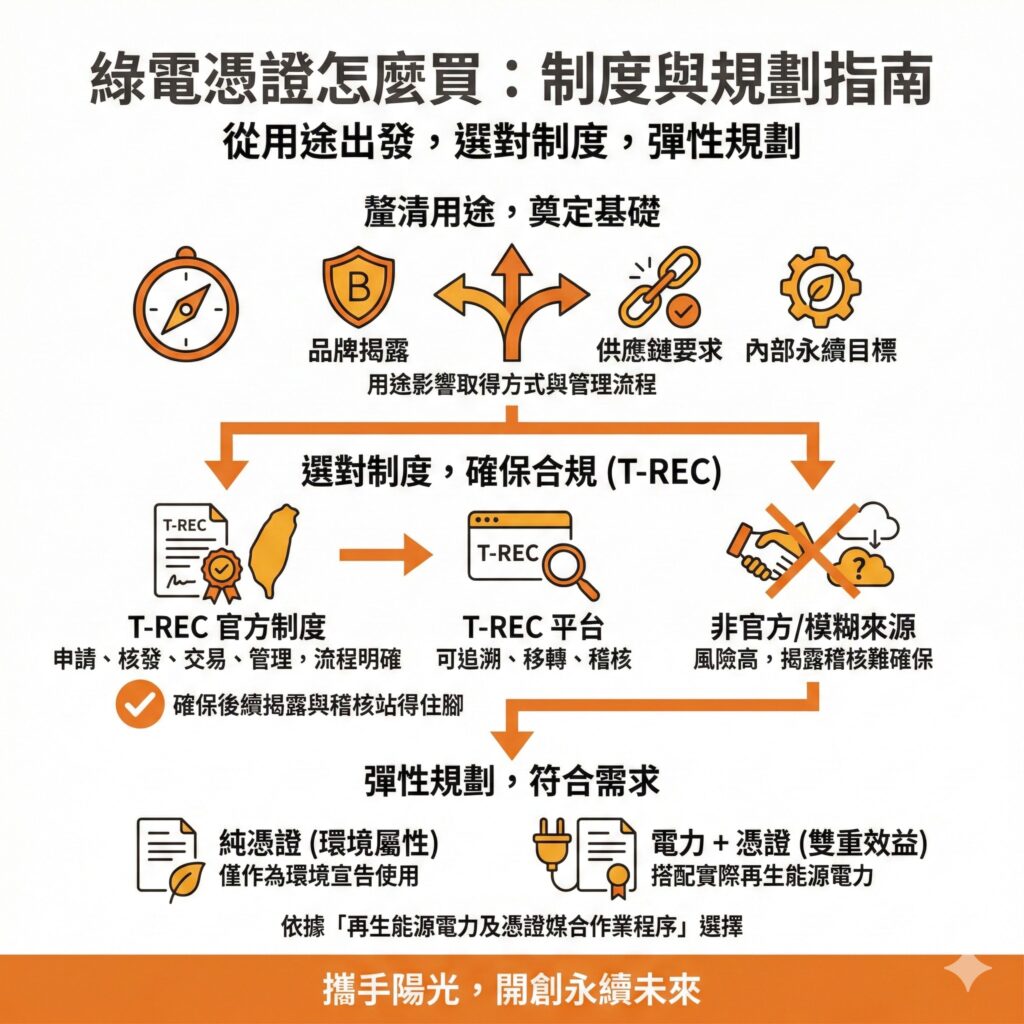 企業在採購前,應先釐清綠電憑證用途是品牌揭露、供應鏈要求,還是內部永續目標