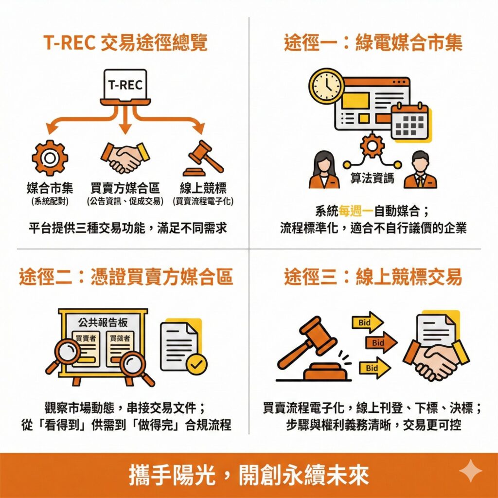 要買綠電憑證主要有三種官方路徑：媒合市集、買賣方媒合區、線上競標交易