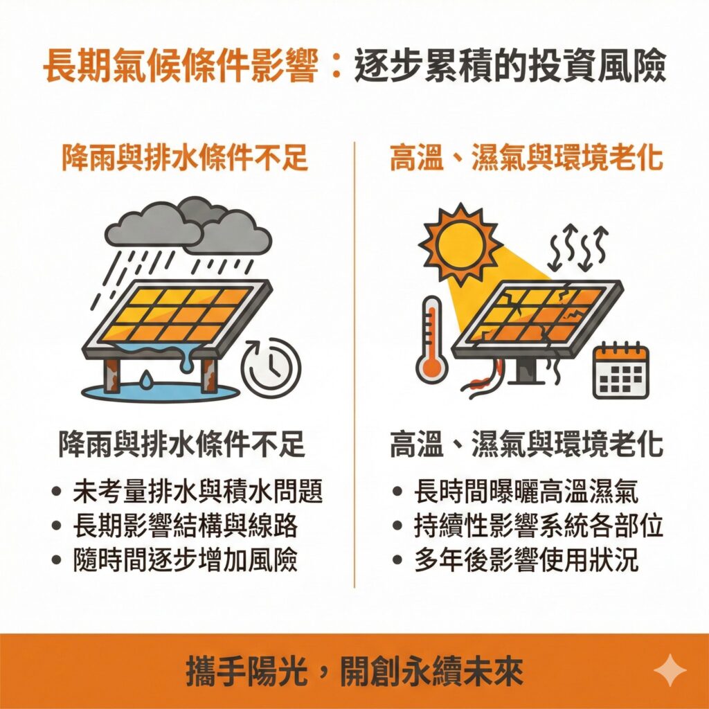太陽能專家在規劃階段，也會同時評估長期的高溫、降雨等可能讓太陽能板受損的狀況，降低企業的風險