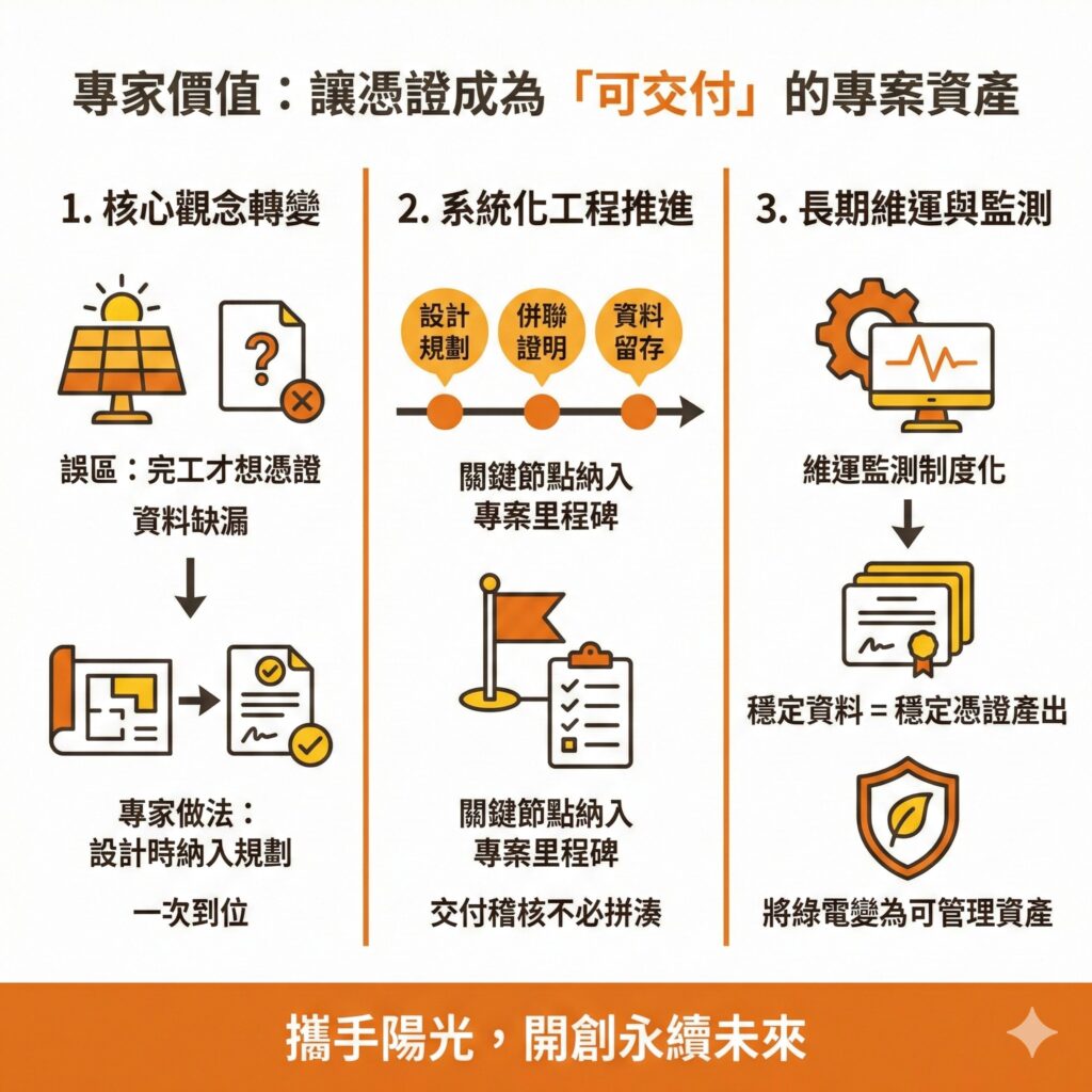 太陽能專家為你事先留存資料，且有制度系統化地維運與監測，讓你不用擔心申請太陽能發電憑證的問題