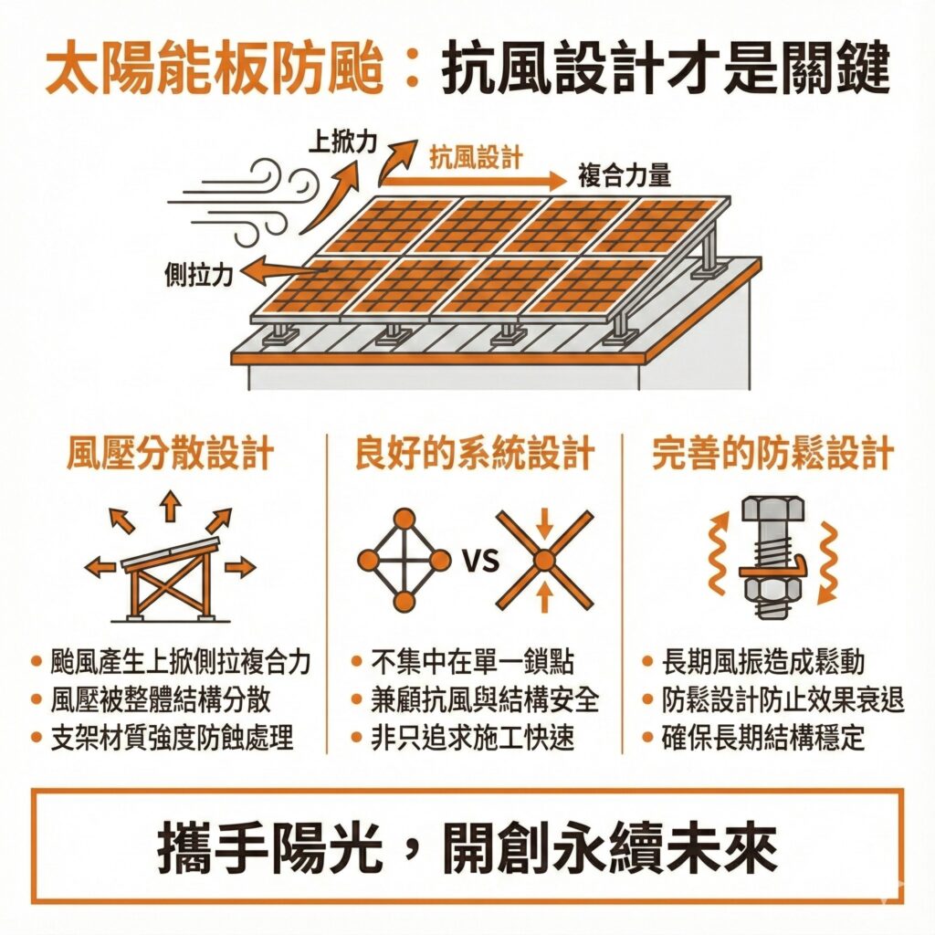 太陽能專家在設計太陽能板時，會考慮到受風的不同面向，讓你的太陽能板可以真正防颱