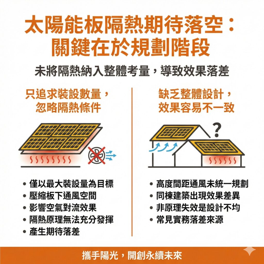 如果在規劃階段沒有良好評估與設計,太陽能板隔熱的效果可能就會不如預期